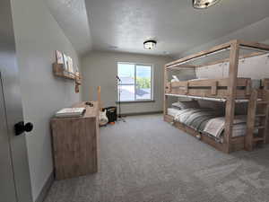 Bedroom with a textured ceiling, light colored carpet, and vaulted ceiling