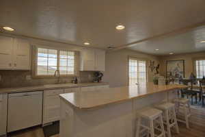 Kitchen with light hardwood / wood-style flooring, dishwasher, backsplash, white cabinets, and sink