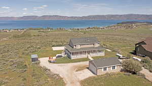 Bird's eye view with a water and mountain view