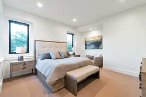 Carpeted bedroom featuring radiator heating unit