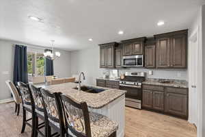 Kitchen featuring stainless steel appliances, a kitchen island with sink, light wood-type flooring, sink, and pendant lighting