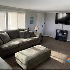 Living room with dark colored carpet