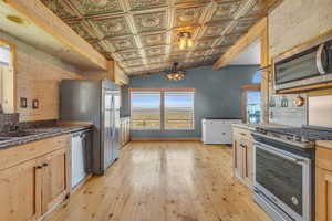 Kitchen with light hardwood / wood-style flooring, stainless steel appliances, decorative light fixtures, tasteful backsplash, and vaulted ceiling