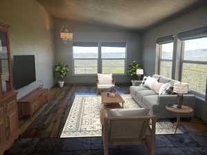 Living room featuring a textured ceiling, lofted ceiling, and dark hardwood / wood-style flooring