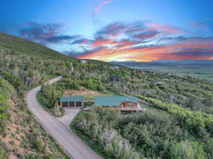 Aerial view at dusk with a mountain view