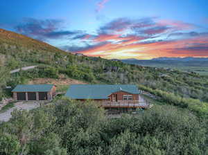 Aerial view at dusk with a mountain view