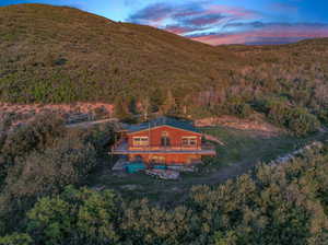 Aerial view at dusk with a mountain view