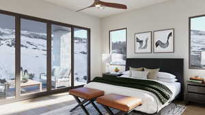 Bedroom with ceiling fan and hardwood / wood-style flooring