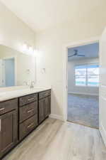 Bathroom featuring vanity, ceiling fan, and hardwood / wood-style floors