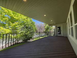 View of Trex deck, metal railing and  mature landscaping