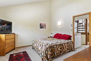 Carpeted bedroom with high vaulted ceiling