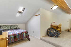 Carpeted bedroom with vaulted ceiling with skylight