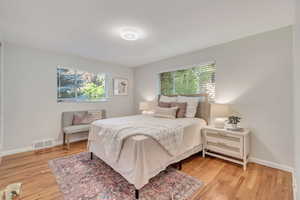 Bedroom featuring light hardwood / wood-style floors and multiple windows