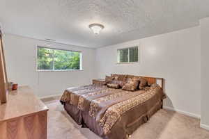 Bedroom featuring carpet floors and a textured ceiling