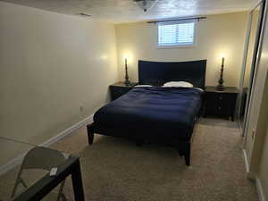 Carpeted bedroom with a textured ceiling