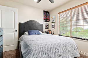 Carpeted bedroom with ceiling fan