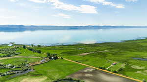 Aerial view with a water and mountain view