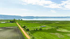 Bird's eye view featuring a water and mountain view