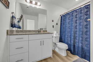 Bathroom featuring toilet, hardwood / wood-style flooring, and large vanity