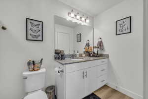 Bathroom with toilet, vanity, and hardwood / wood-style flooring