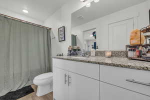 Bathroom with hardwood / wood-style flooring, vanity, and toilet