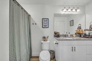 Bathroom featuring wood-type flooring, vanity, and toilet