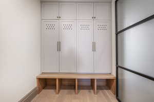 Mudroom with light hardwood / wood-style floors