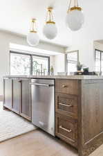 Kitchen featuring light hardwood / wood-style floors, pendant lighting, and stainless steel dishwasher