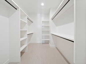 Master walk in closet featuring light carpet