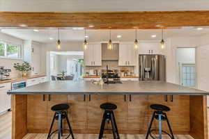 Kitchen featuring white cabinetry, hanging light fixtures, light hardwood / wood-style flooring, and stainless steel appliances