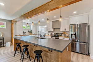 Kitchen featuring light hardwood / wood-style flooring, stainless steel appliances, white cabinets, a kitchen island with sink, and sink