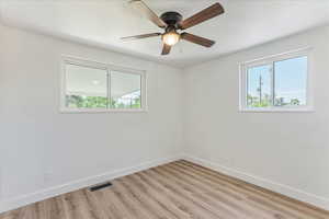 Empty room featuring a wealth of natural light, ceiling fan, and light hardwood / wood-style floors