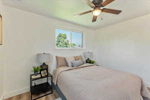 Bedroom with ceiling fan and hardwood / wood-style floors