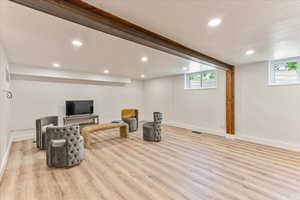 Sitting room with light hardwood / wood-style floors