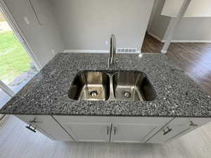 Details with white cabinetry, sink, dark stone counters, and dark hardwood / wood-style floors