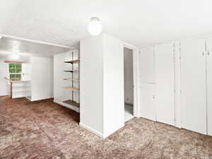 Interior space featuring a textured ceiling and carpet floors