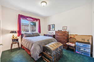 Bedroom featuring dark carpet