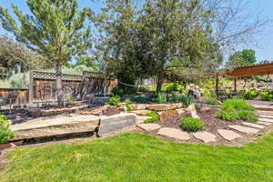 View of yard with a pergola