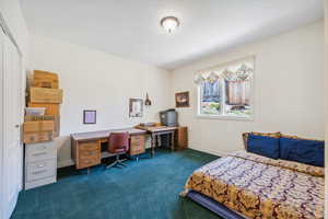 Carpeted bedroom featuring a closet