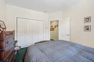 Bedroom featuring carpet and a closet