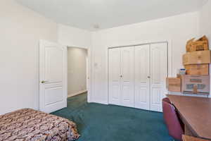 Carpeted bedroom with a closet