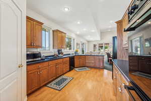 Kitchen featuring dishwasher, dark stone counters, and light hardwood / wood-style flooring