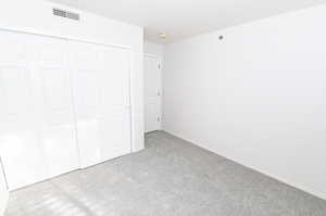 Unfurnished bedroom with carpet flooring and a closet