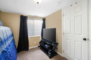 Bedroom featuring light carpet