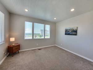 Unfurnished room with a textured ceiling and carpet flooring