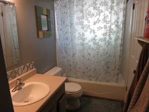 Full bathroom featuring vanity, toilet, and shower / bath combo