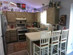 Kitchen featuring decorative light fixtures, vaulted ceiling, stainless steel appliances, hardwood / wood-style flooring, and sink