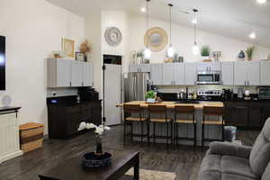 Living room with dark hardwood / wood-style floors, high vaulted ceiling, and sink