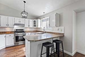 Kitchen with vaulted ceiling, stainless steel range oven, hanging light fixtures, hardwood / wood-style flooring, and sink