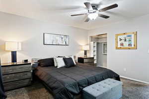 Bedroom with a spacious closet, a closet, dark colored carpet, and ceiling fan